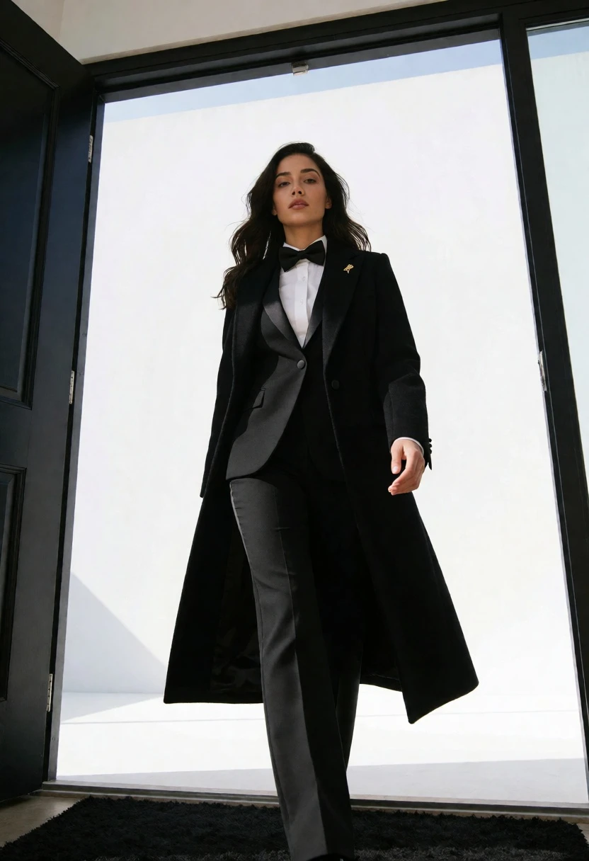 Woman in black tuxedo walking through doorway against bright white minimalist background - AI generated image prompt sample