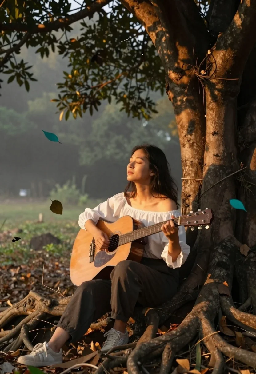 Young woman playing guitar near ancient tree in misty woodland - AI generated image prompt sample