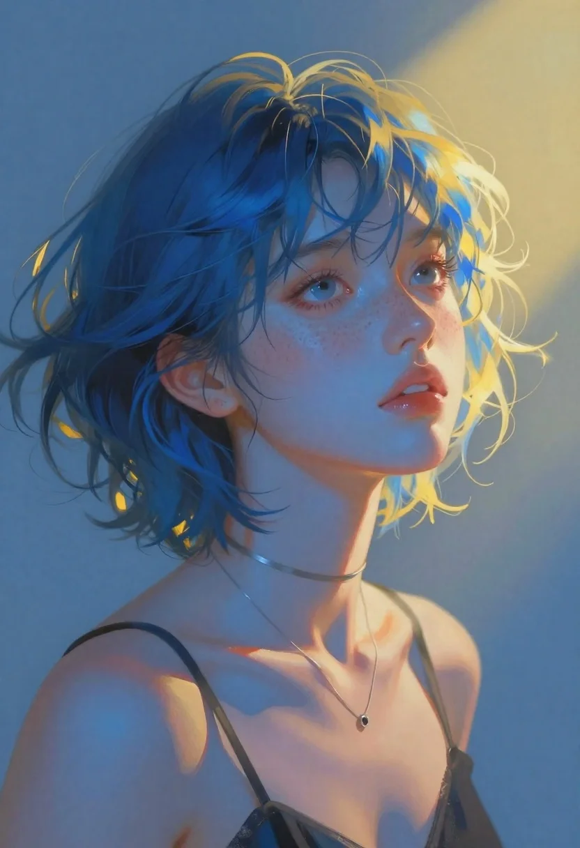 Stylized portrait of woman with blue skin in dreamlike space - AI generated image prompt sample
