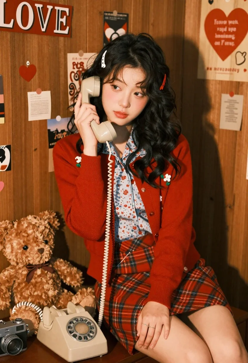 Young woman with dark hair holding a vintage rotary phone in cozy - AI generated image prompt sample