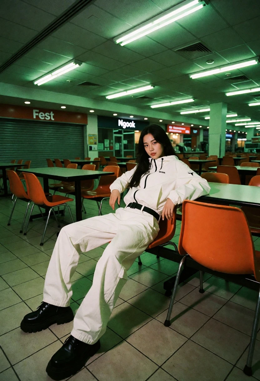 Solitary woman in white jacket sits in vast empty cafeteria under green - AI generated image prompt sample