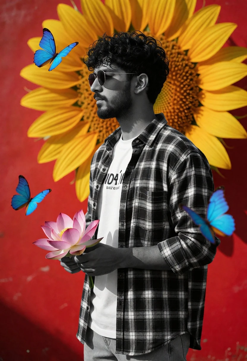 Man holding pink lotus flower against red backdrop with giant sunflower - AI generated image prompt sample