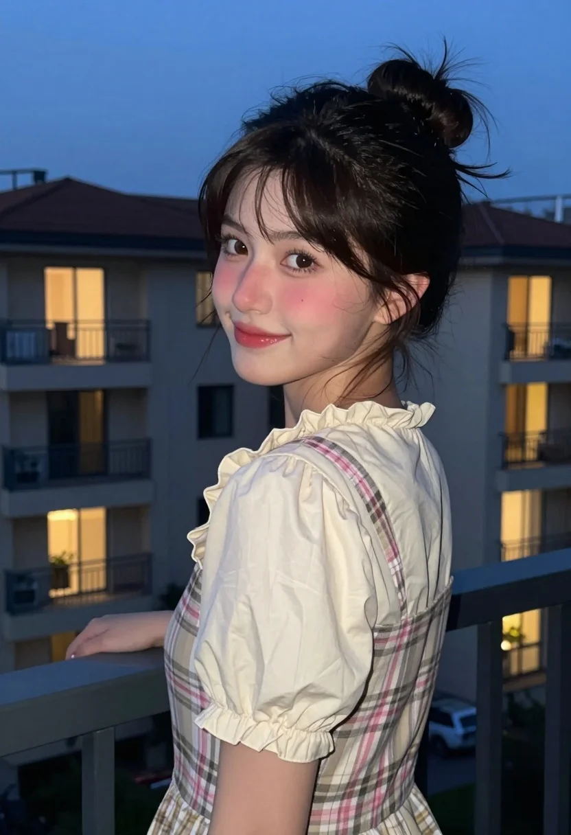 Young woman in plaid jumper dress looking over shoulder at dusk - AI generated image prompt sample