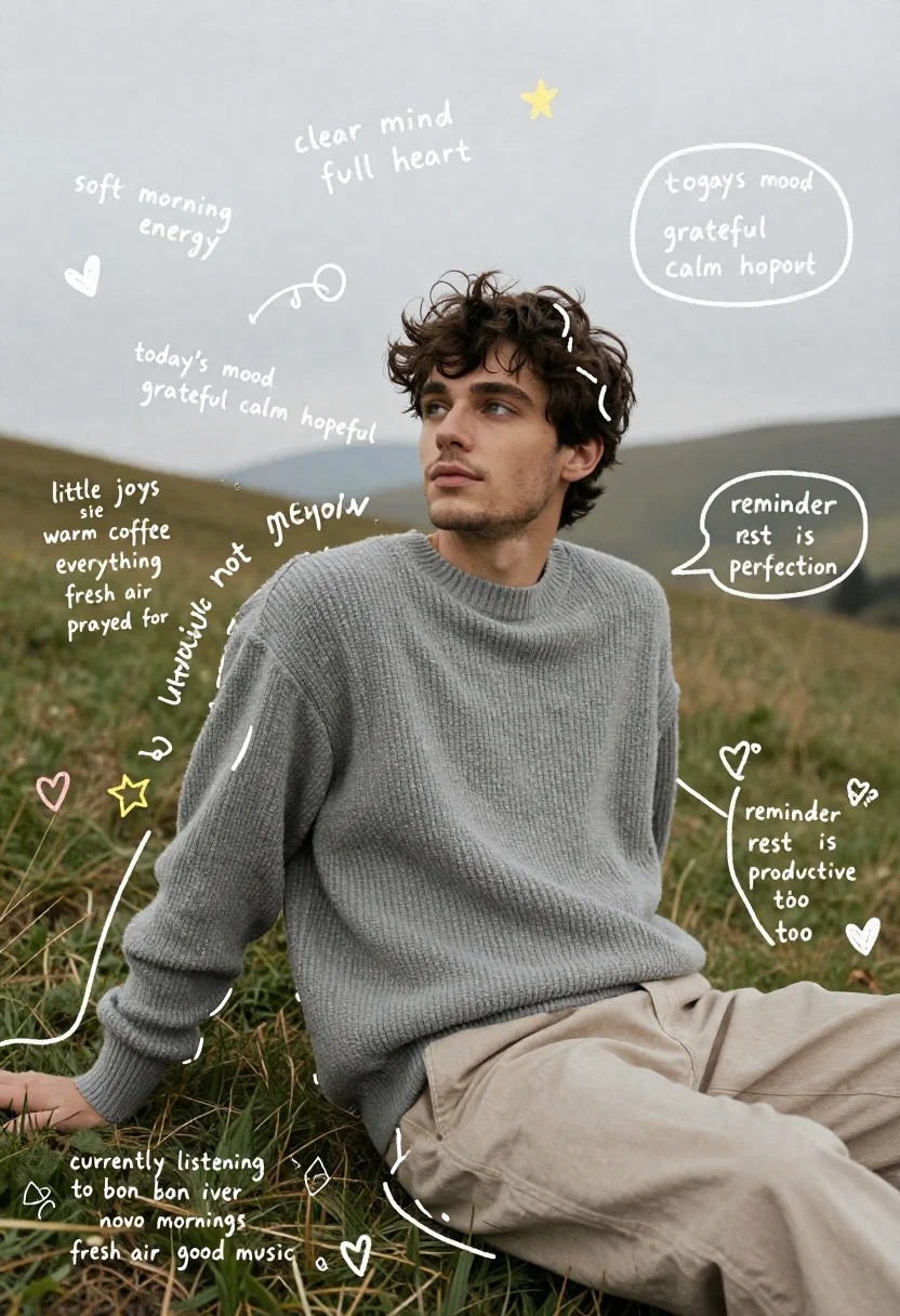 Young man in grey sweater sitting on a grassy hillside looking up - AI generated image prompt sample