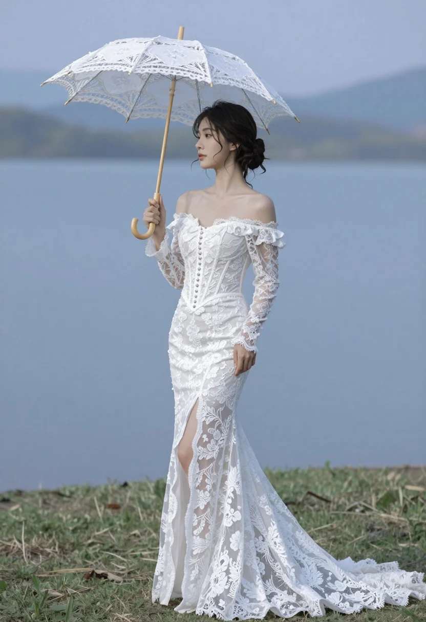 Woman in white lace gown holding parasol by serene lakeside mountains - AI generated image prompt sample