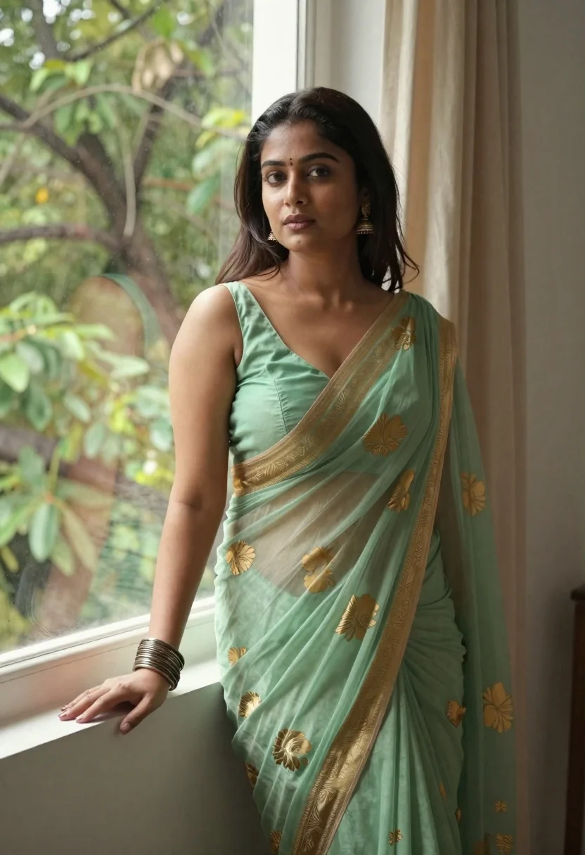 Young woman in green saree by window looking at camera indoors