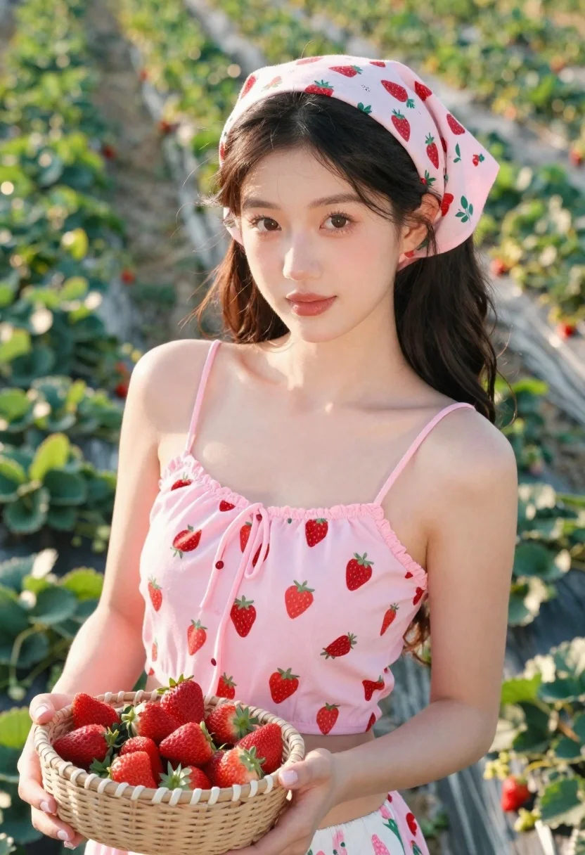 Young woman in pink strawberry top holding basket of red fruit in - AI generated image prompt sample