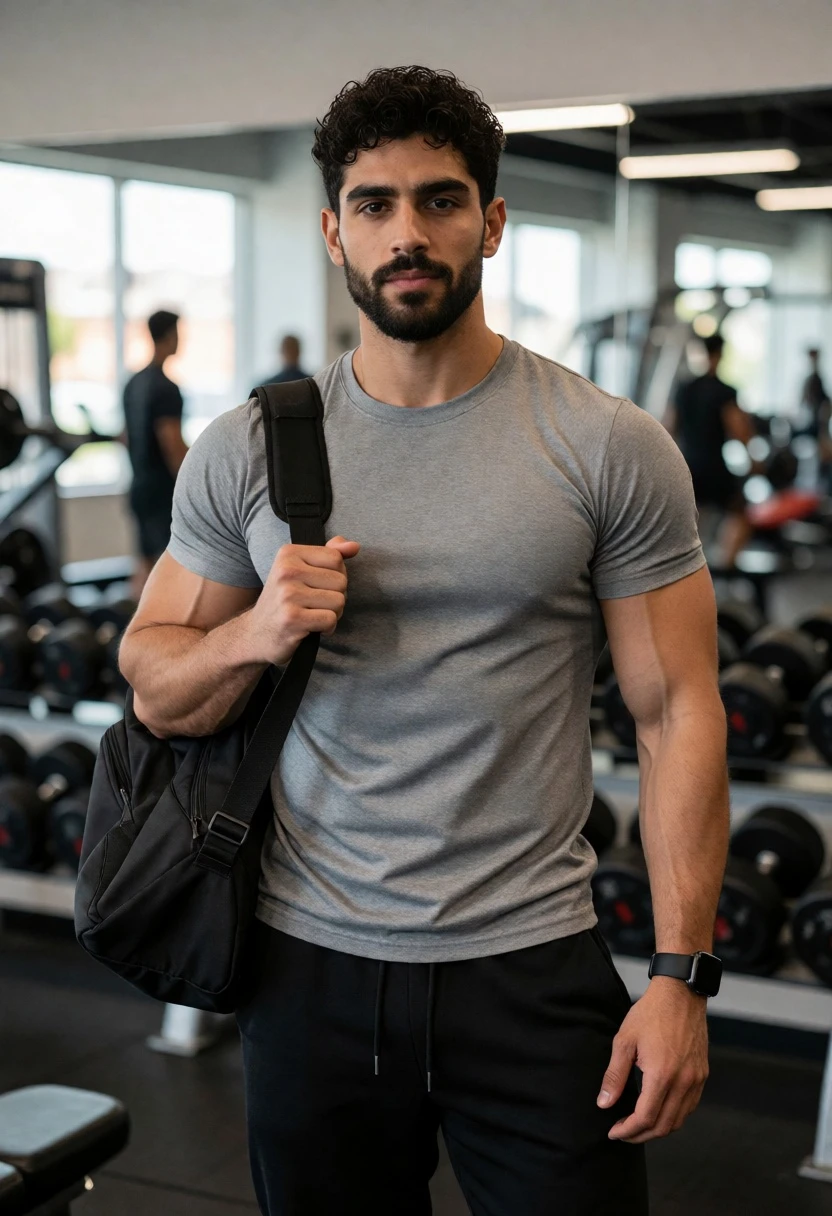 Muscular man standing confidently in a gym holding black shoulder bag - AI generated image prompt sample