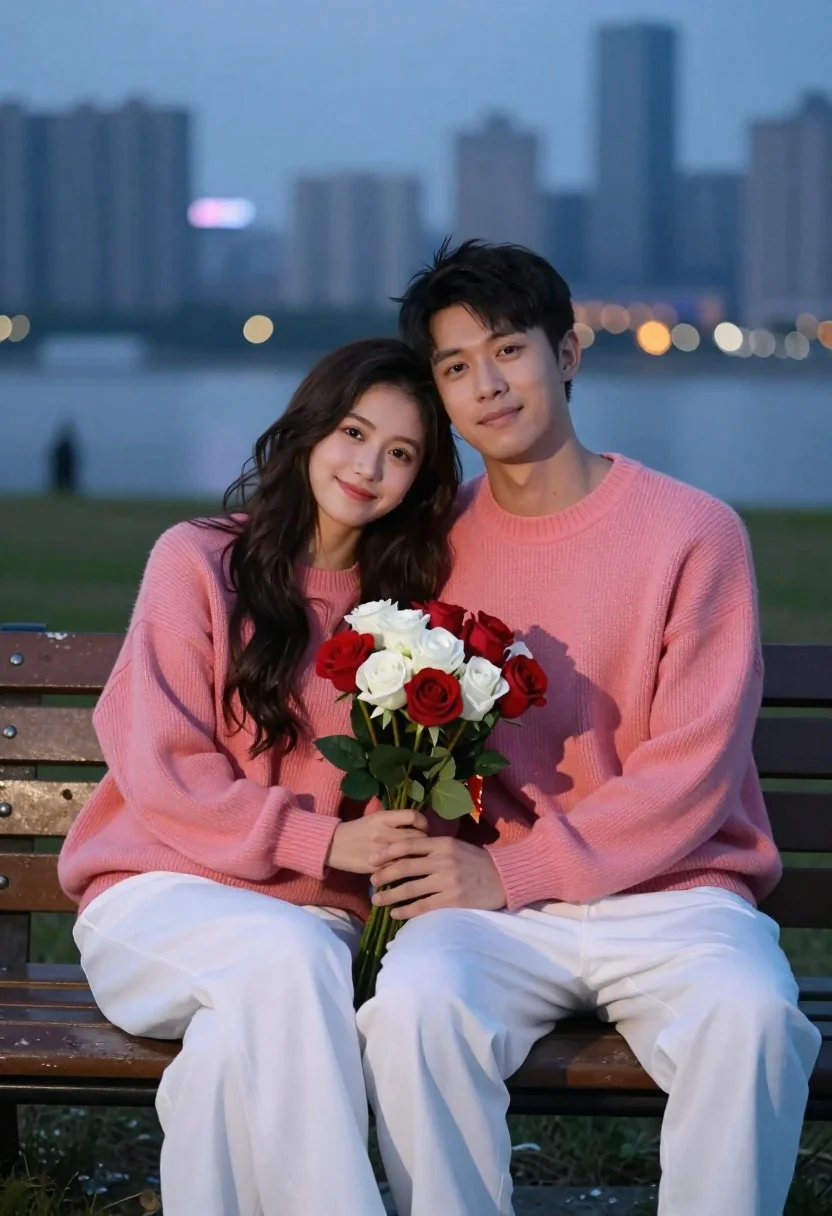 Young couple in coral sweaters holding roses on park bench at dusk - AI generated image prompt sample