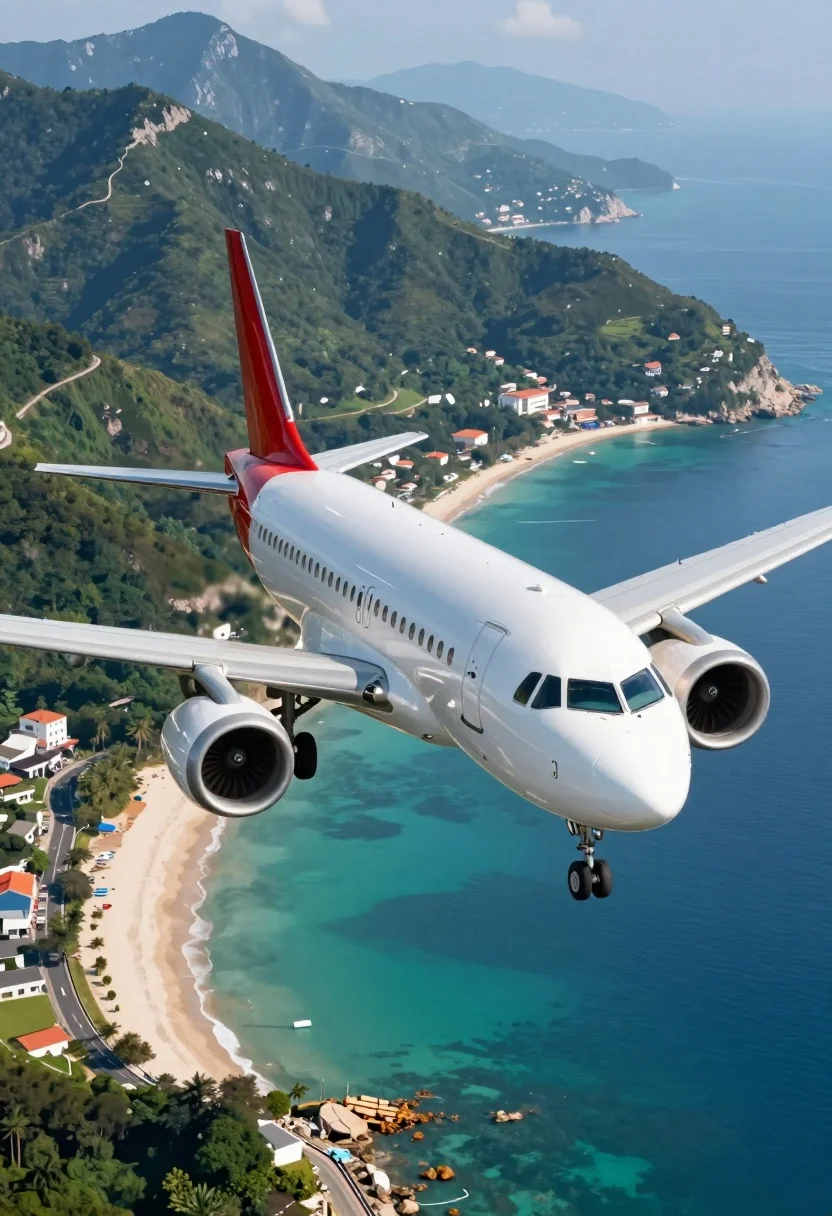 Sleek commercial airplane flying low over turquoise waters toward a coastal village - AI generated image prompt sample