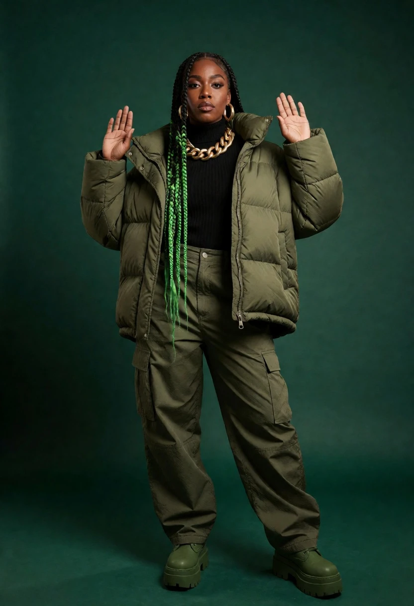 Full length portrait of black woman in olive green puffer jacket studio - AI generated image prompt sample
