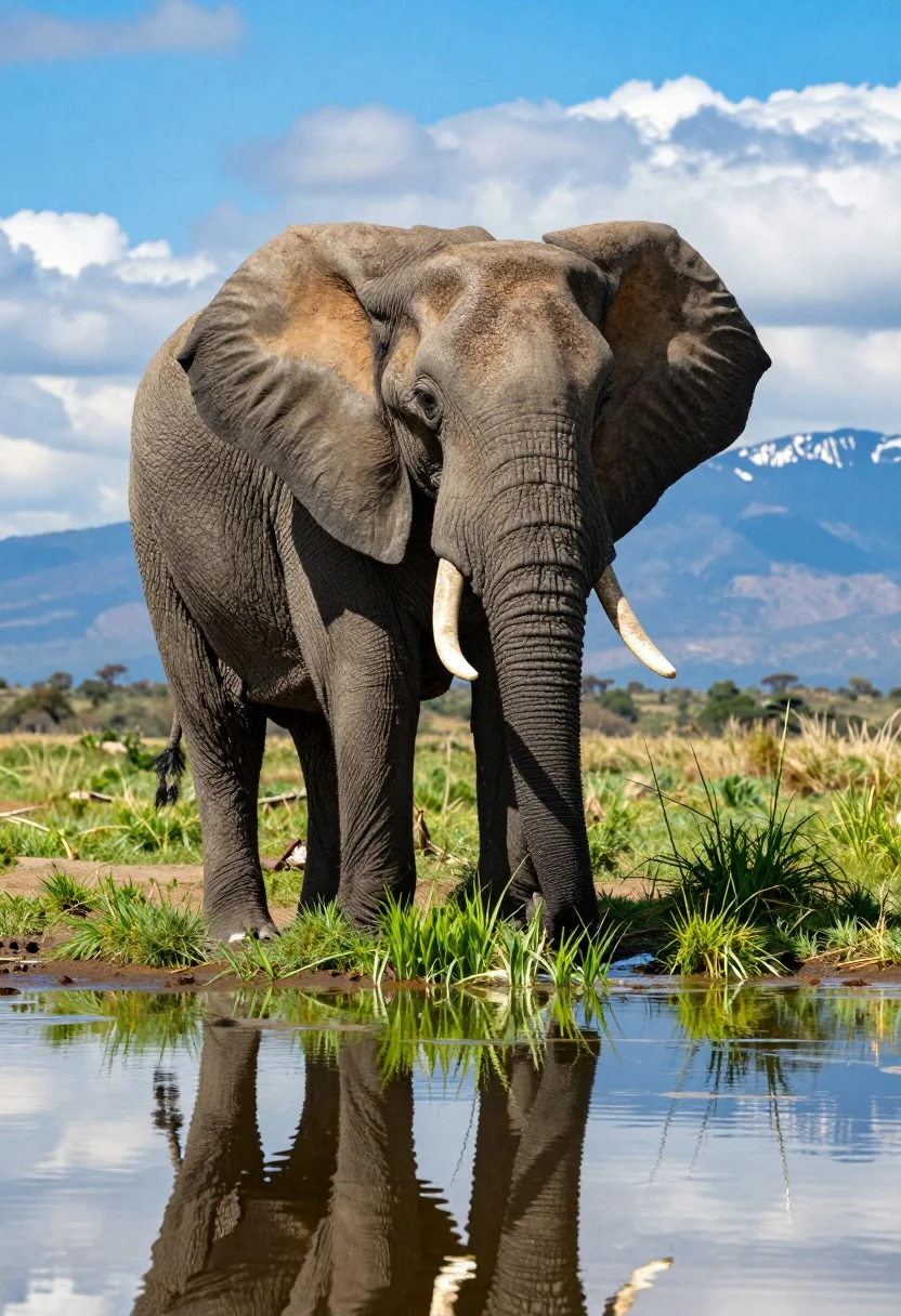 Majestic african elephant standing in shallow water reflecting against savanna backdrop - AI generated image prompt sample