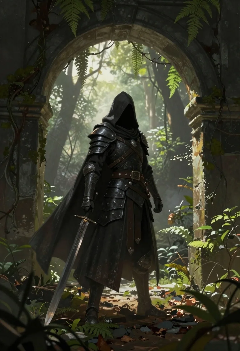 Warrior in dark armor within ancient overgrown stone archway