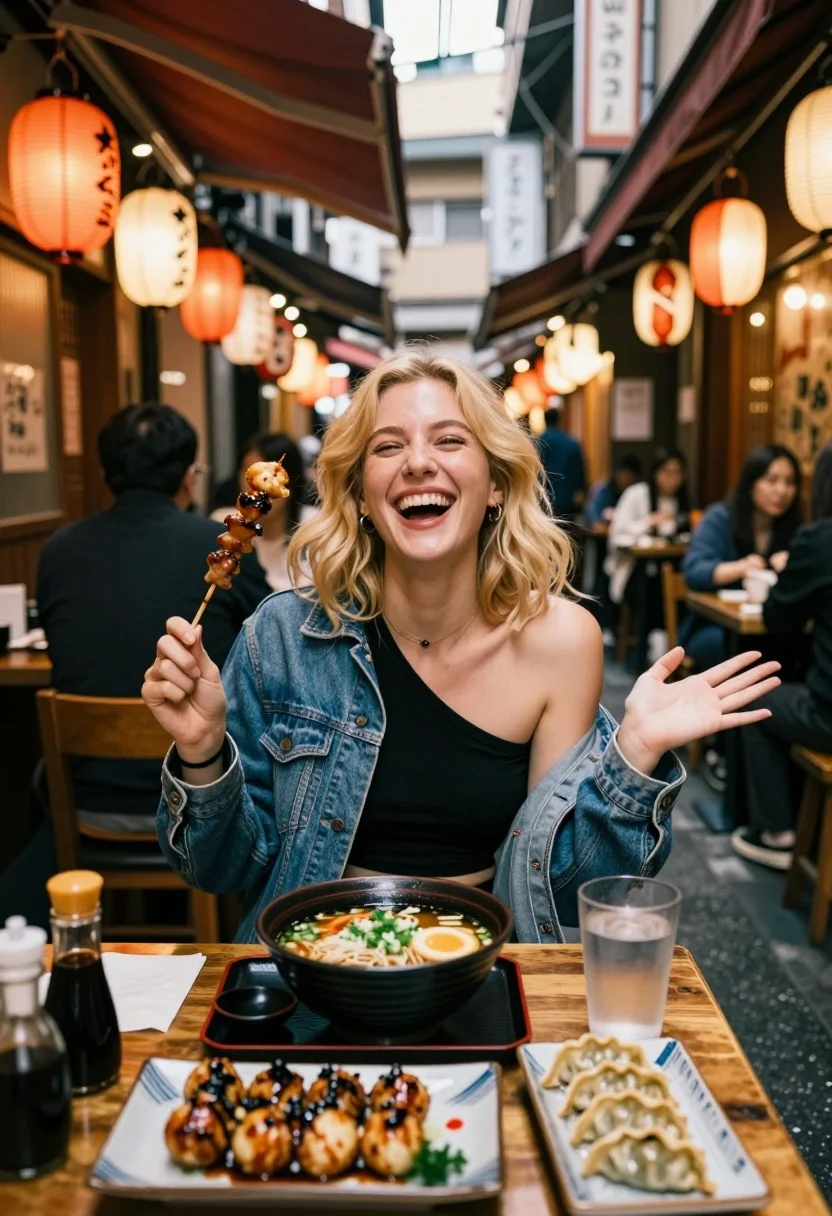 Laughing blonde woman at wooden table in japanese food alleyway scene - AI generated image prompt sample