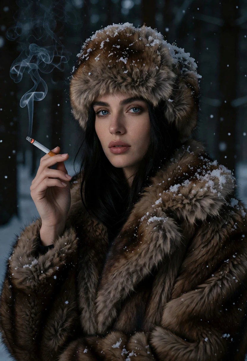 Portrait of woman in brown fur coat during snowy dark forest setting - AI generated image prompt sample