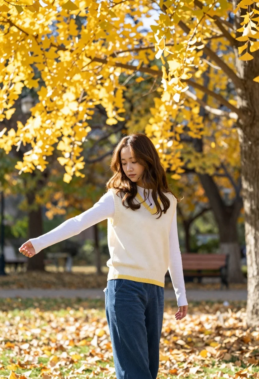 Young woman in white shirt and blue trousers in autumn park setting