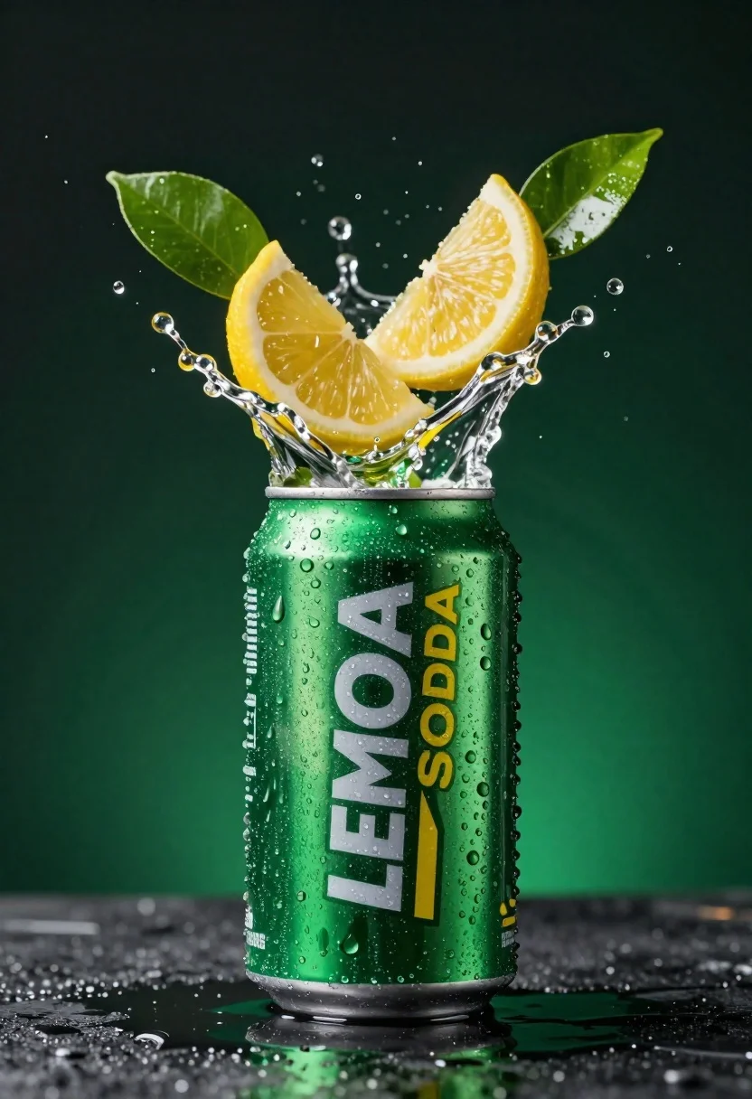 Green soda can erupting with citrus slices and liquid spray - AI generated image prompt sample