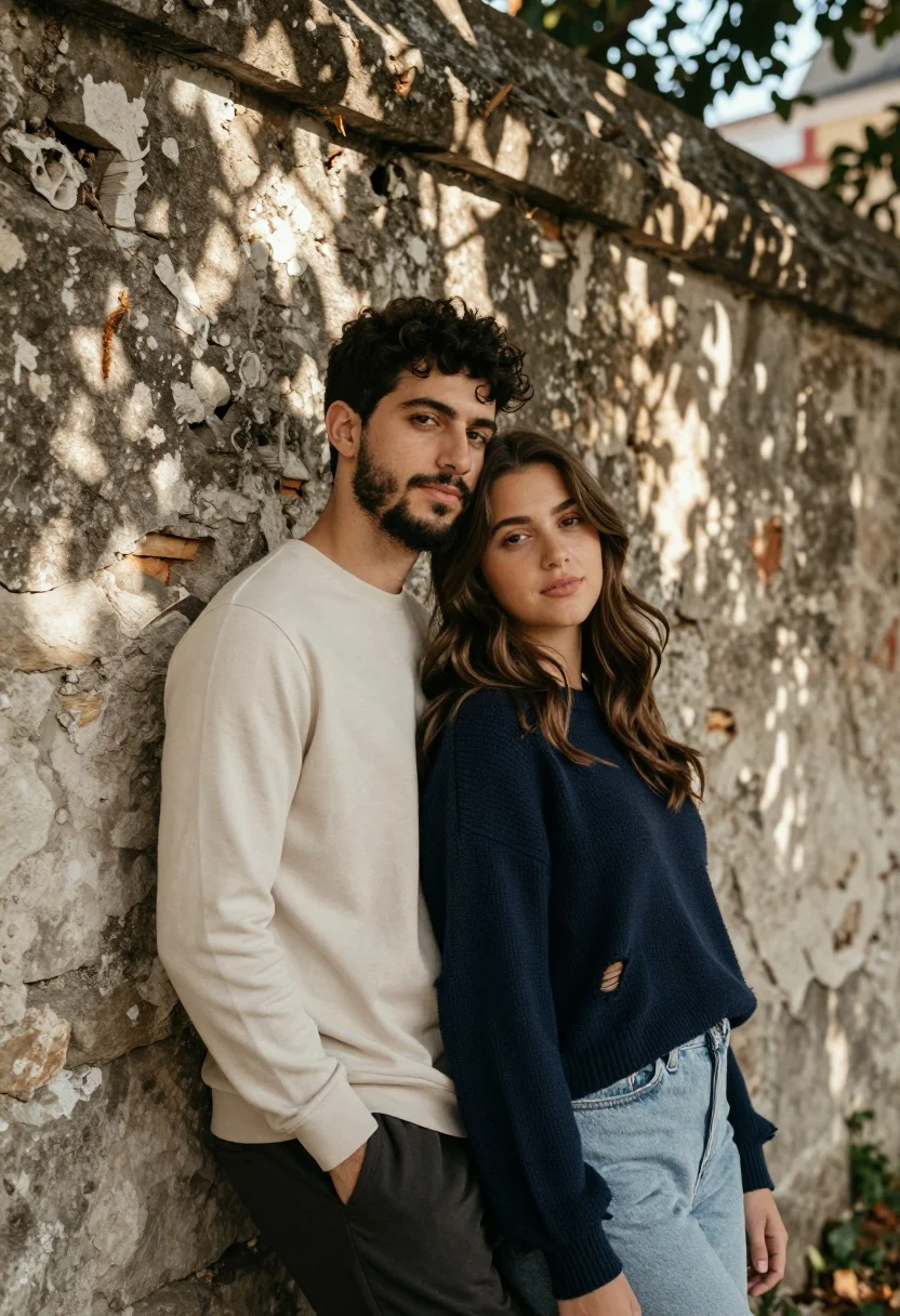 Romantic portrait of a couple leaning against a weathered stone wall - AI generated image prompt sample