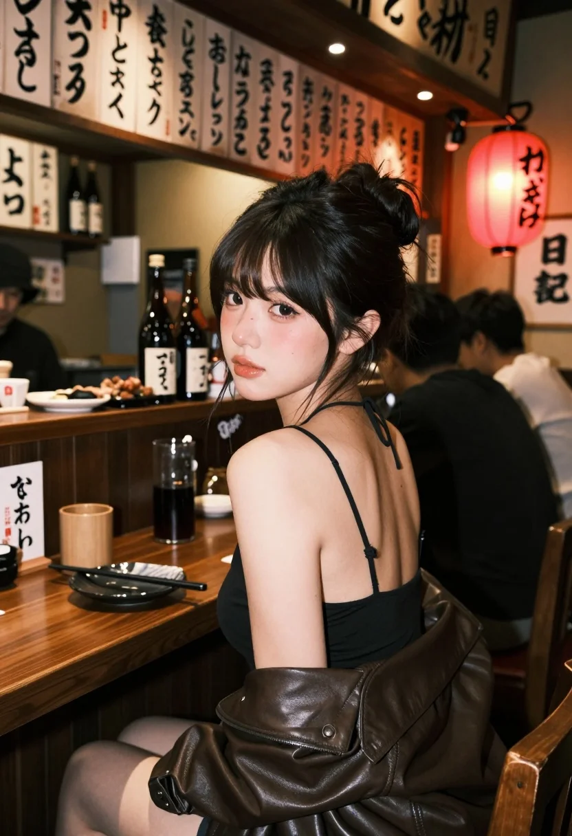 Young woman at wooden counter in dimly lit japanese izakaya bar setting - AI generated image prompt sample