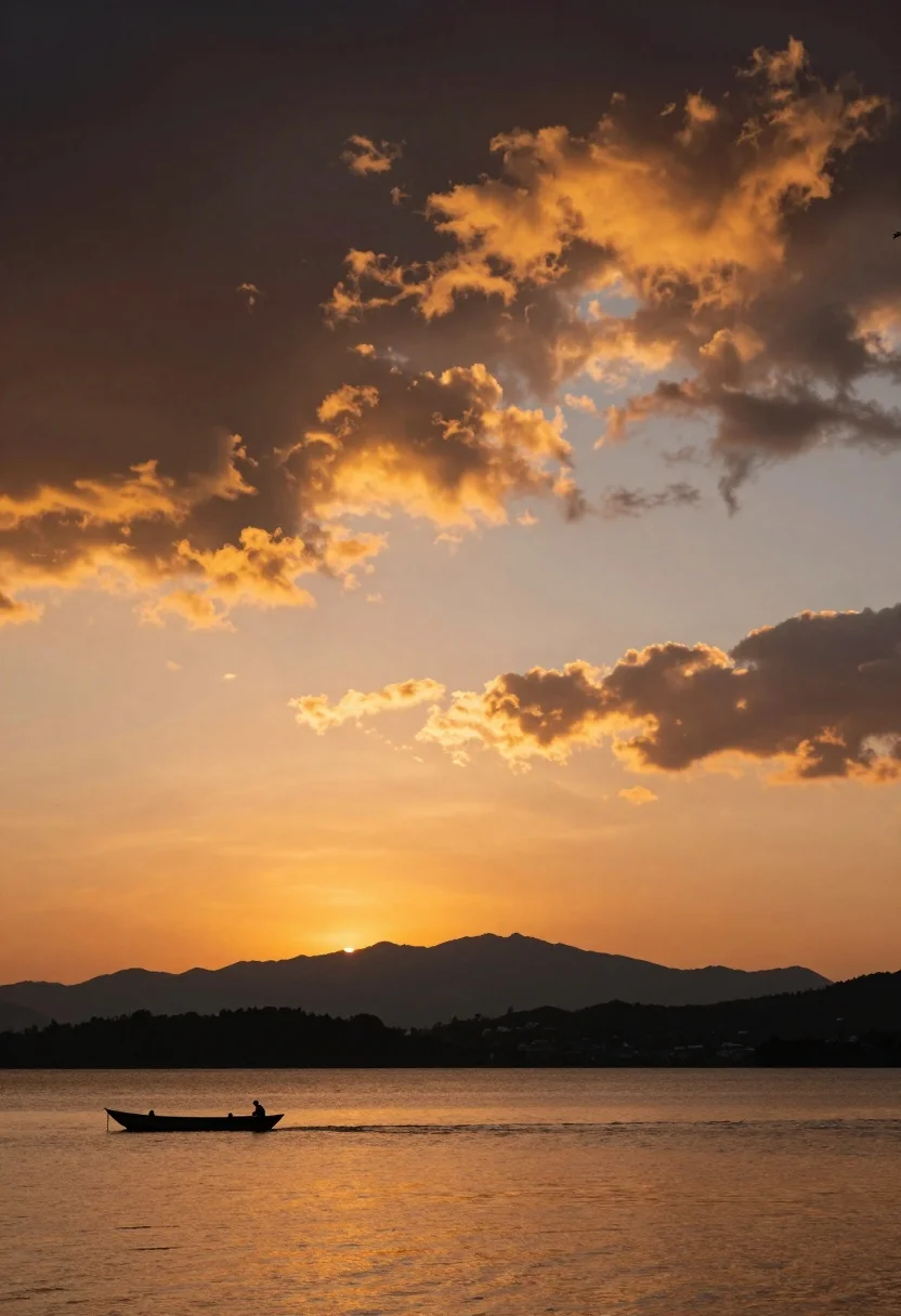 Dramatic sunset over calm lake reflecting mountains under vibrant textured clouds - AI generated image prompt sample