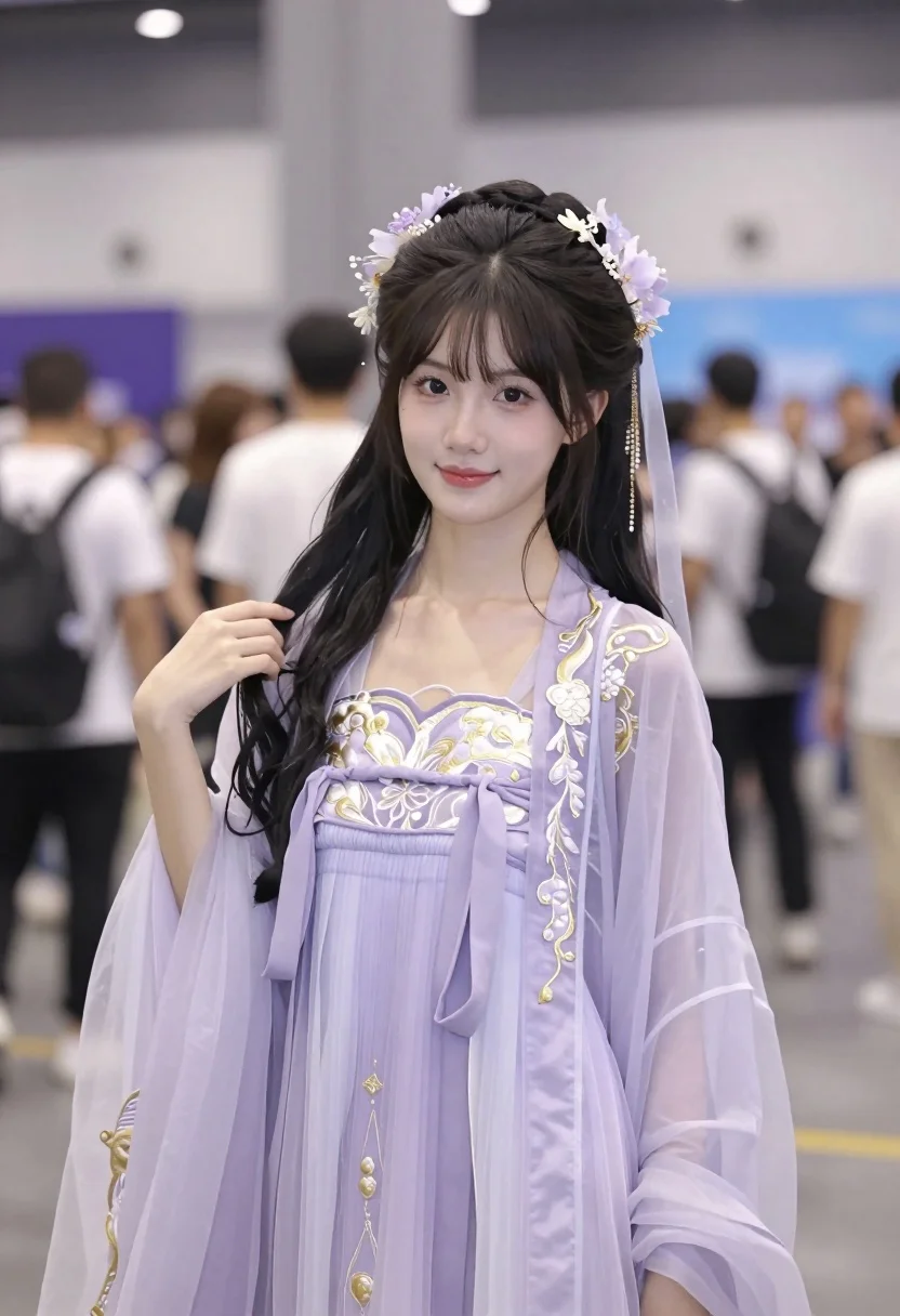 Young east asian woman in lavender hanfu costume at indoor convention hall - AI generated image prompt sample