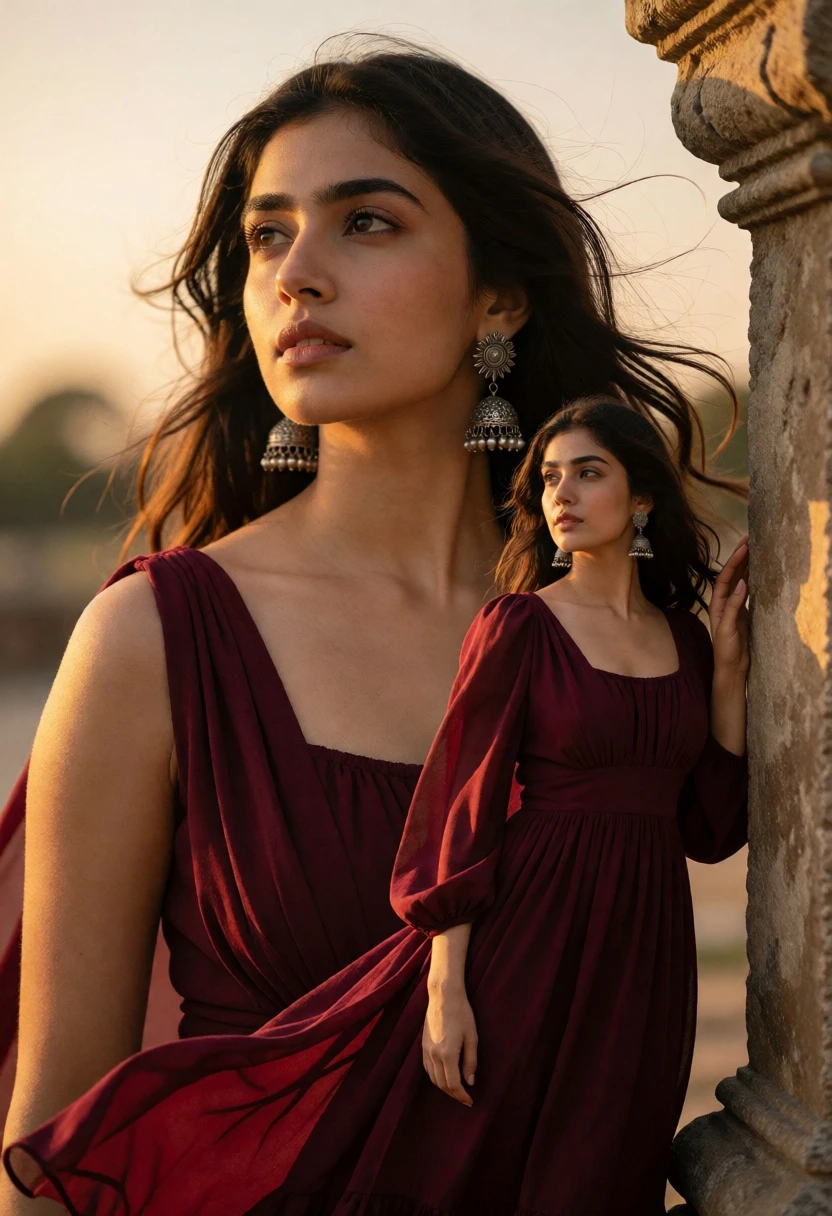 Surreal portrait of woman in maroon dress near stone pillar at sunset - AI generated image prompt sample