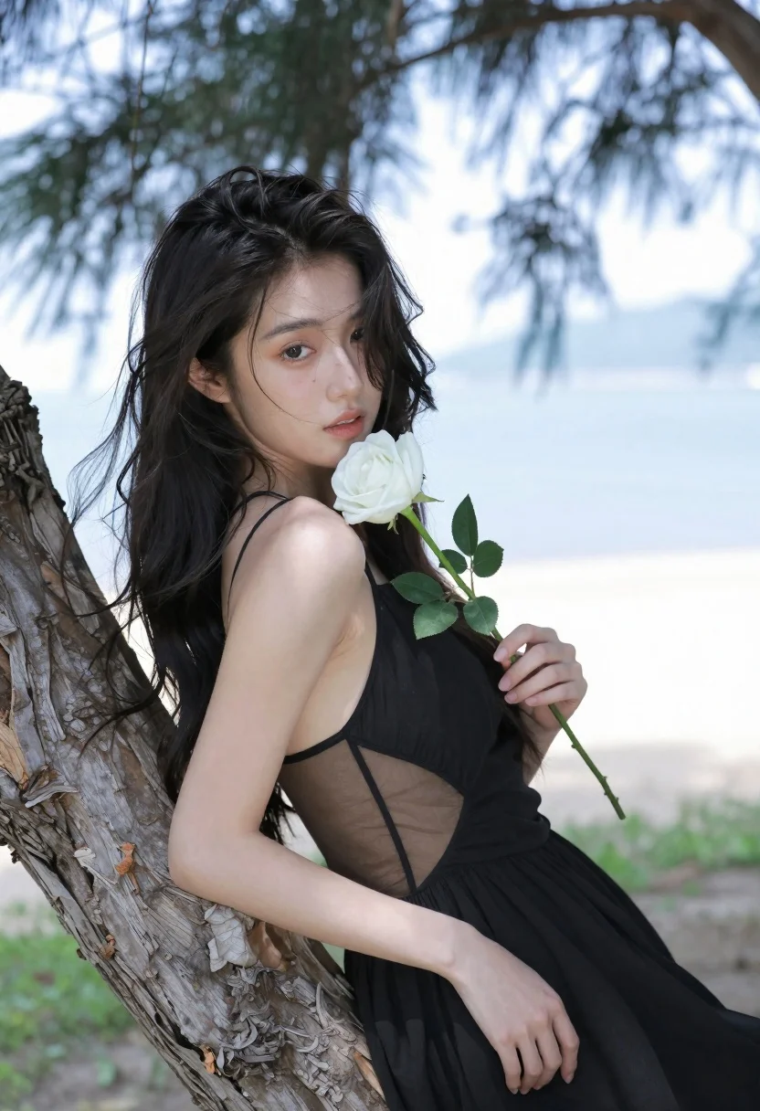 Young woman in black dress holding white rose near tree trunk outdoors