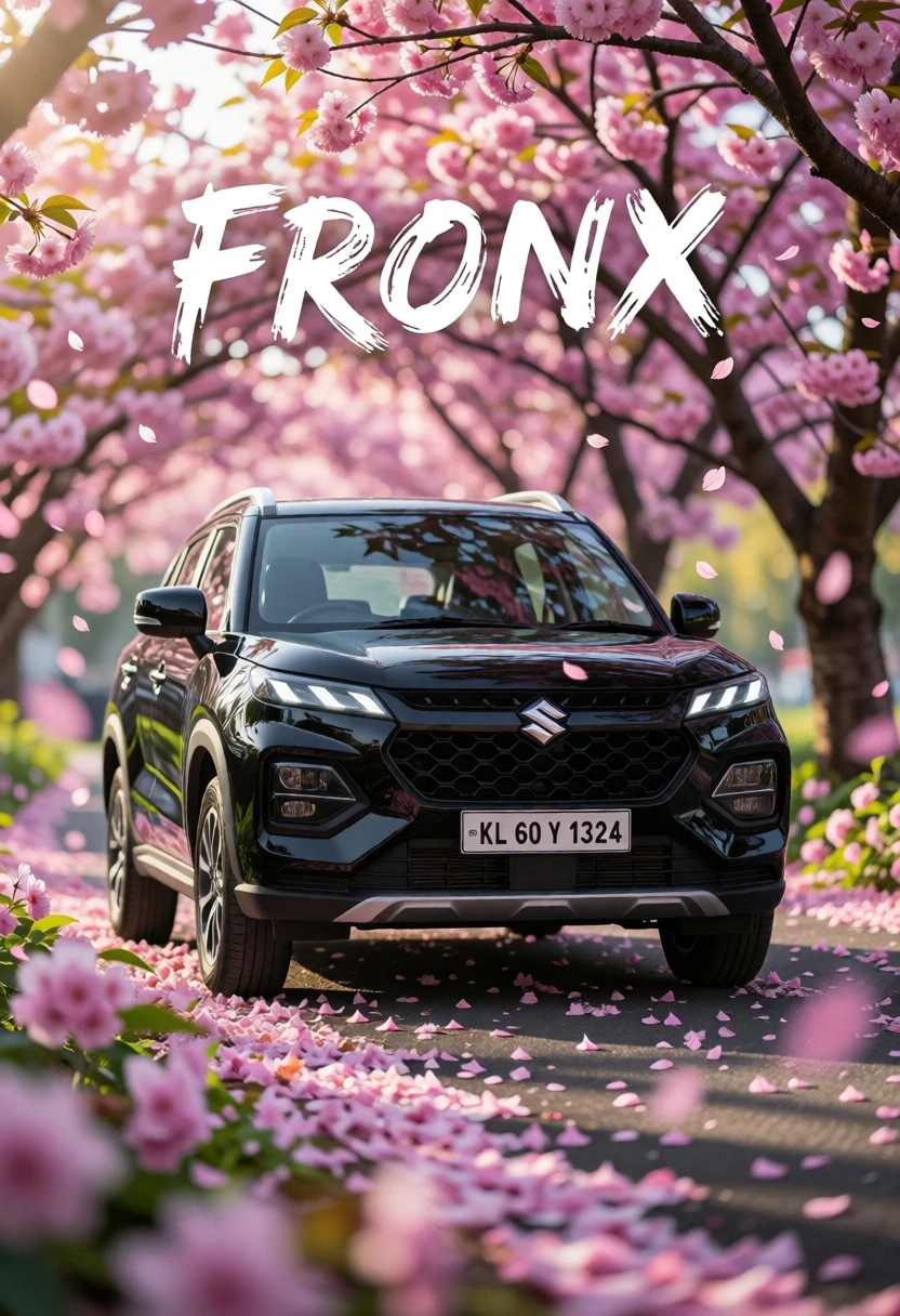 Glossy black suv parked on path covered in pink cherry blossom petals - AI generated image prompt sample