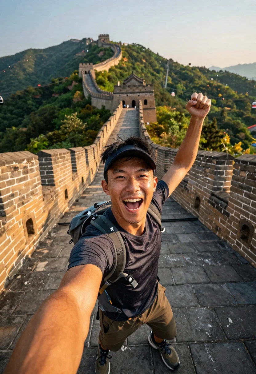 Energetic man taking selfie on great wall at golden hour