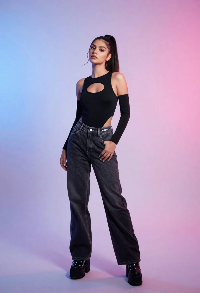 Full body shot of woman in black bodysuit against blue to pink
