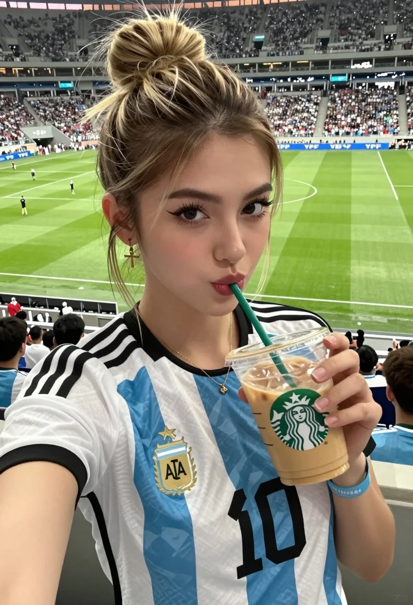 Close up selfie of young woman in argentina jersey at football stadium - AI generated image prompt sample