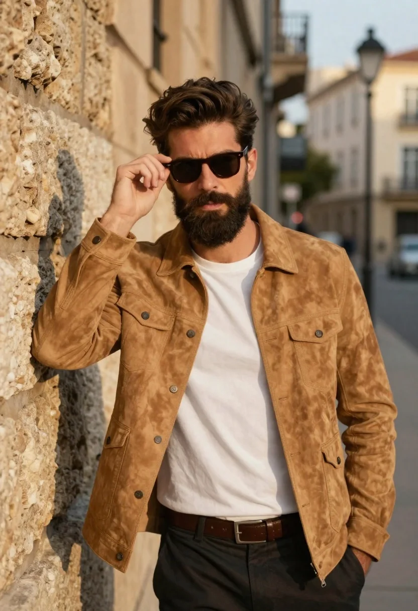 Handsome bearded man in tan jacket leaning against textured stone wall - AI generated image prompt sample