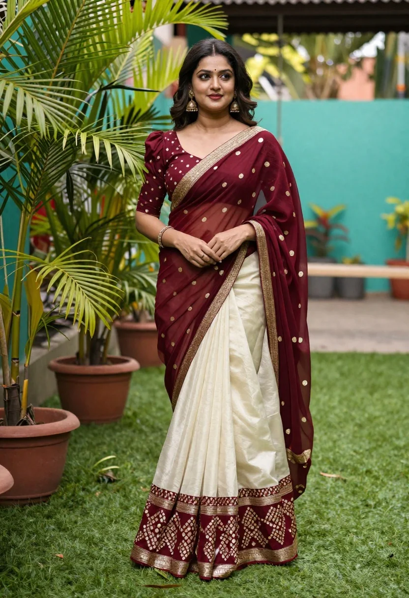 Young woman in maroon and cream saree standing in lush garden setting