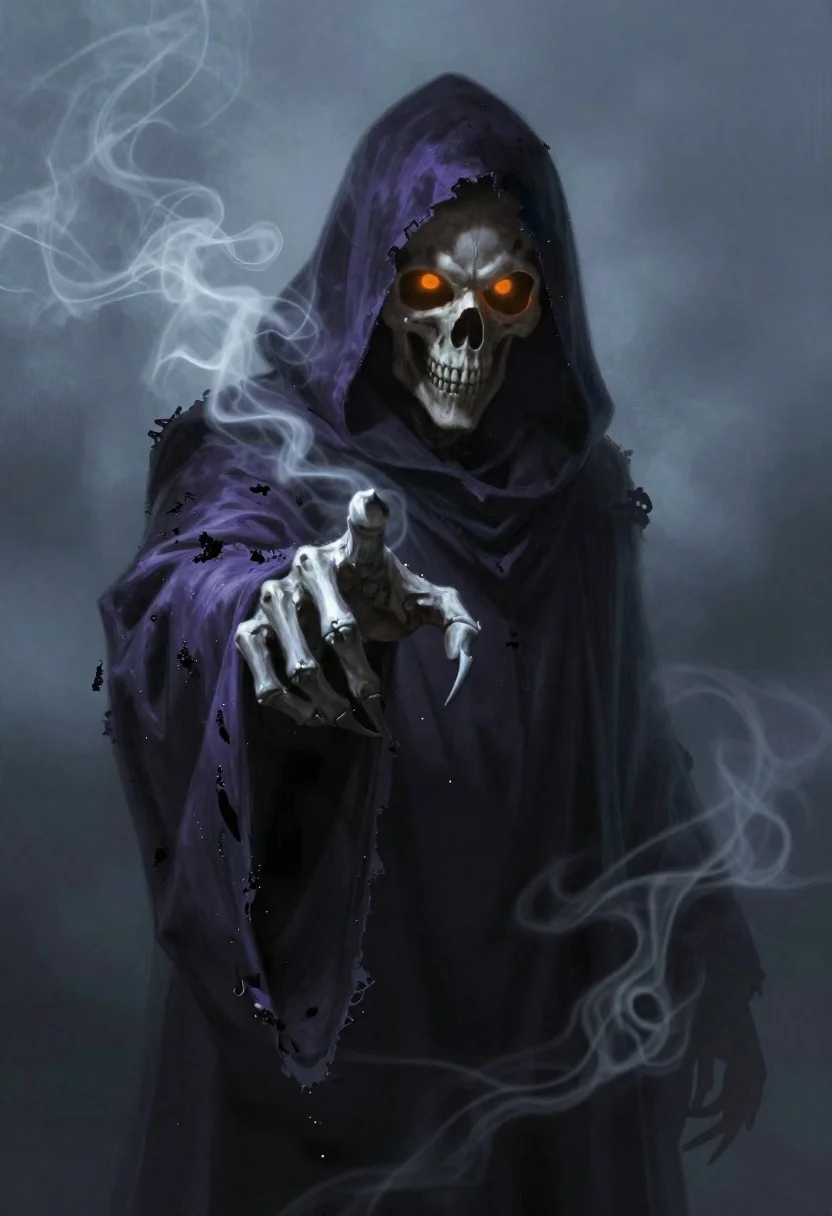Grim reaper figure in smoke and shadow