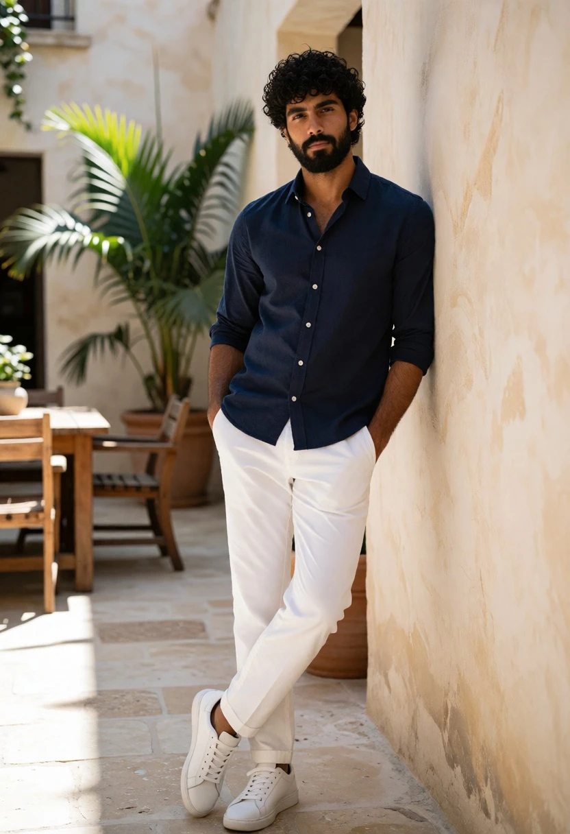 Handsome man leaning against beige wall in outdoor courtyard setting - AI generated image prompt sample