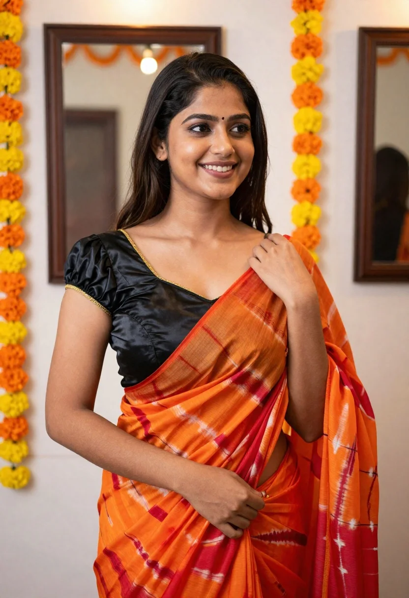 Smiling young woman in saree with marigold garlands indoors