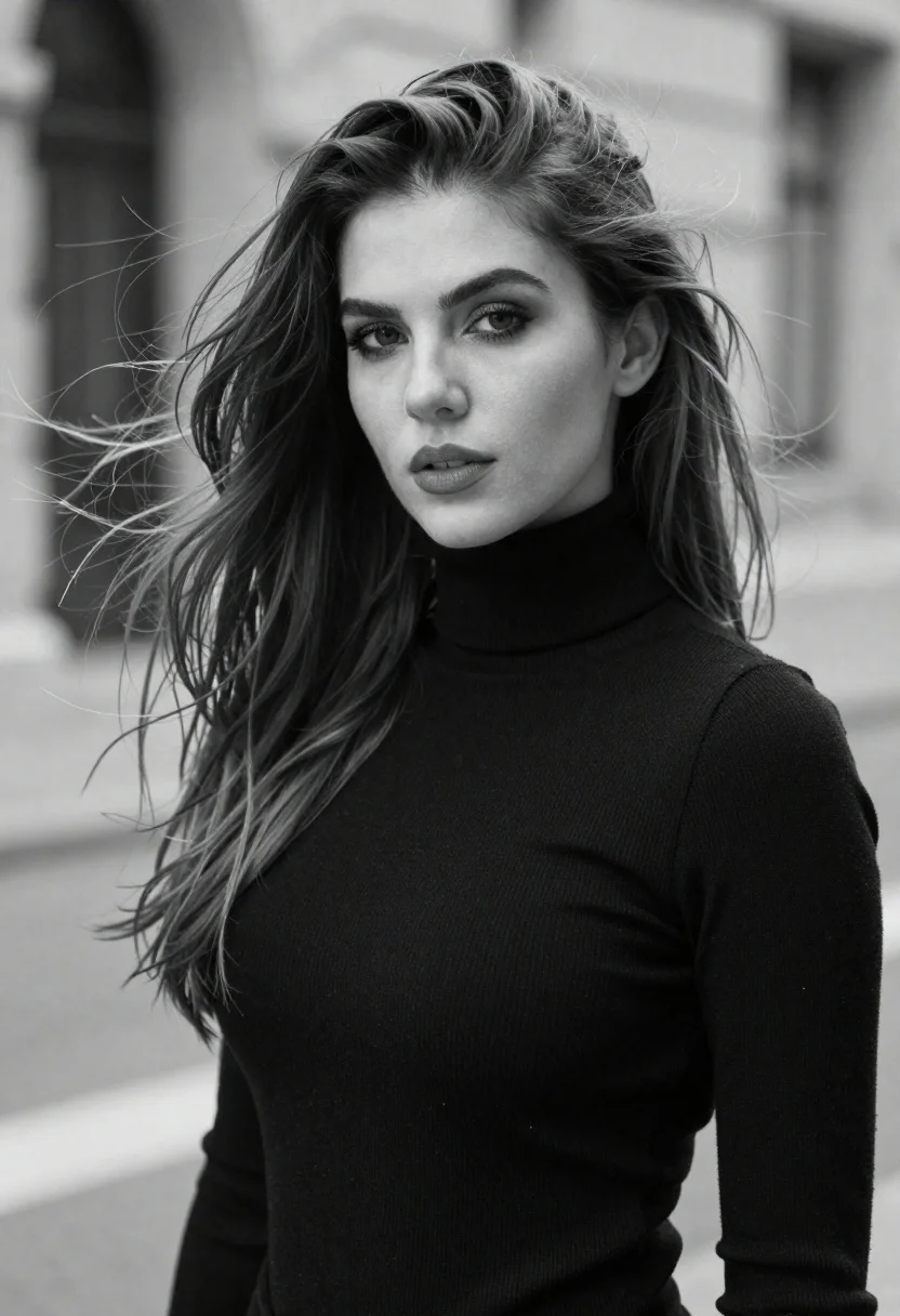 Black and white portrait of woman with windswept hair - AI generated image prompt sample