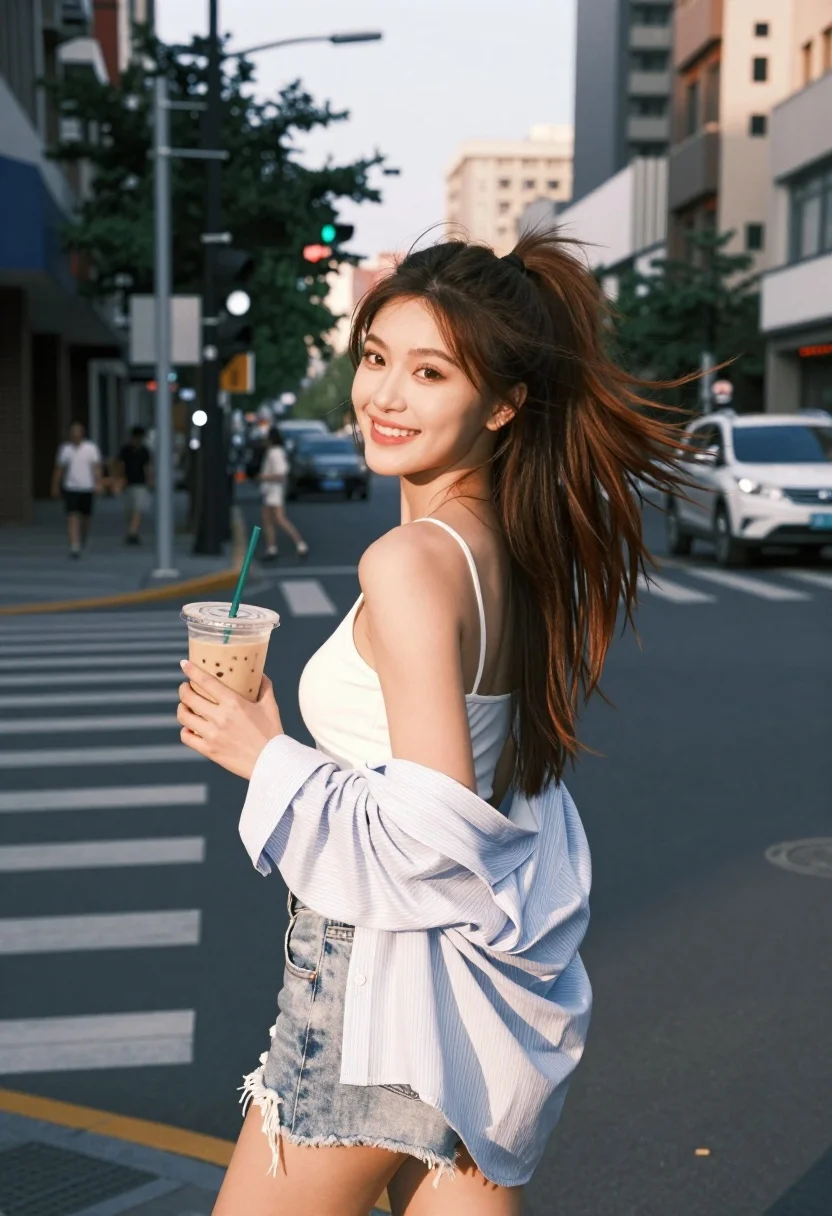 Smiling young woman in white top and denim shorts on city street - AI generated image prompt sample