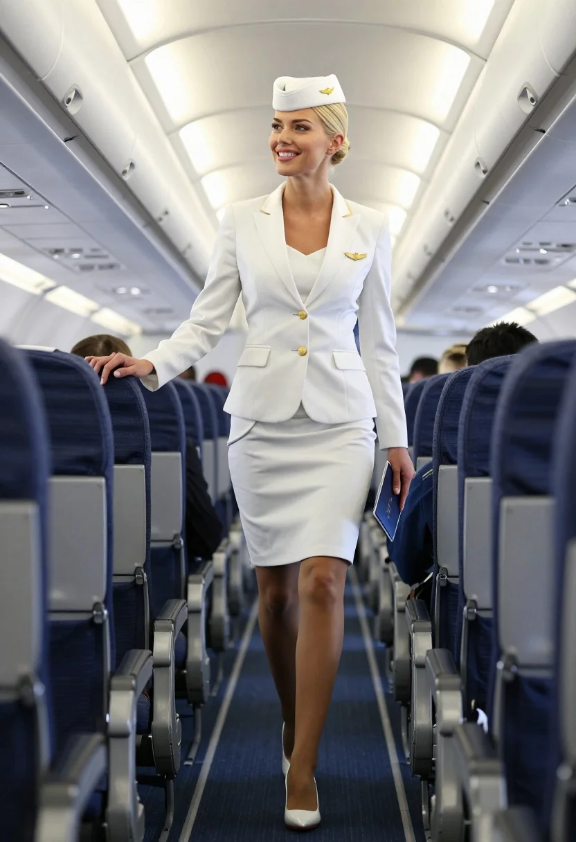 Blonde flight attendant walking down airplane aisle in white uniform - AI generated image prompt sample