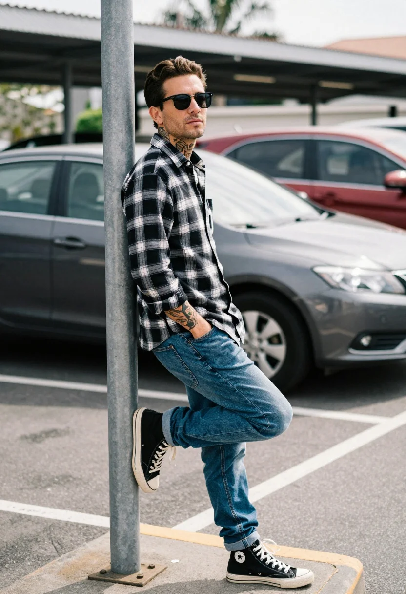 Man leaning against metal pole in outdoor parking lot with cars - AI generated image prompt sample