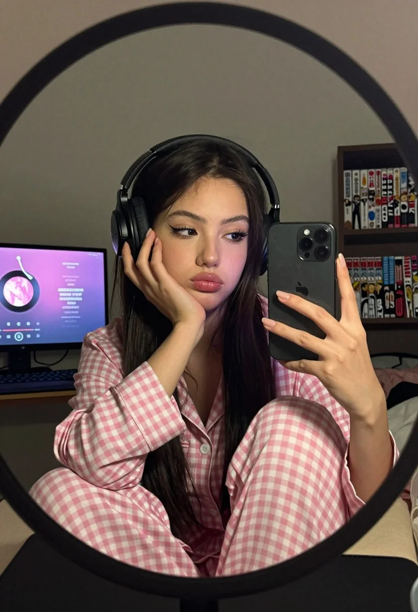 Young woman taking mirror selfie wearing pink checkered pajamas indoors - AI generated image prompt sample