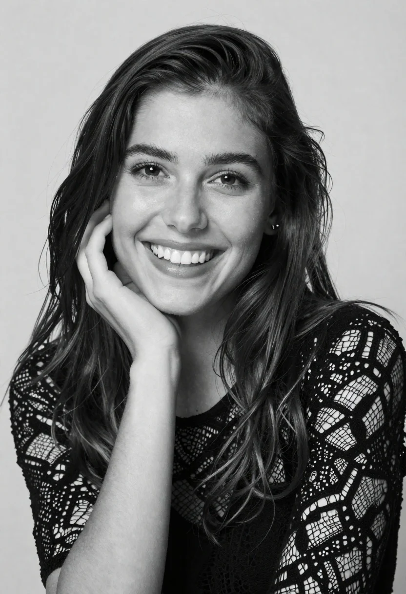 Black and white portrait of smiling woman with dark hair - AI generated image prompt sample