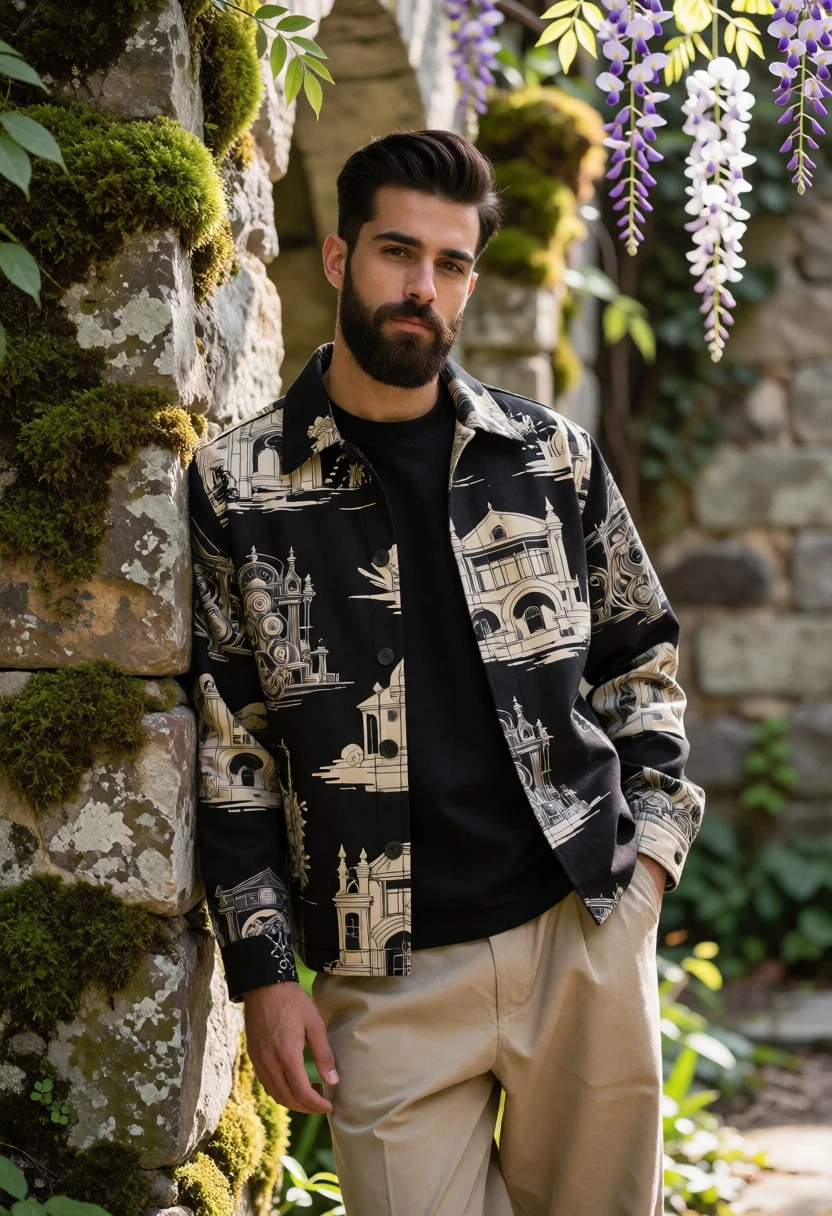 Young man with beard leaning on mossy stone wall amidst wisteria ruins - AI generated image prompt sample