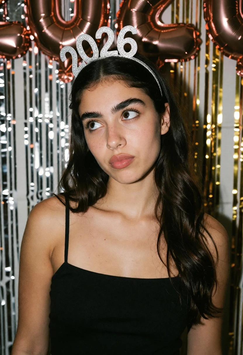 Young woman in black top against metallic streamers at a celebration - AI generated image prompt sample