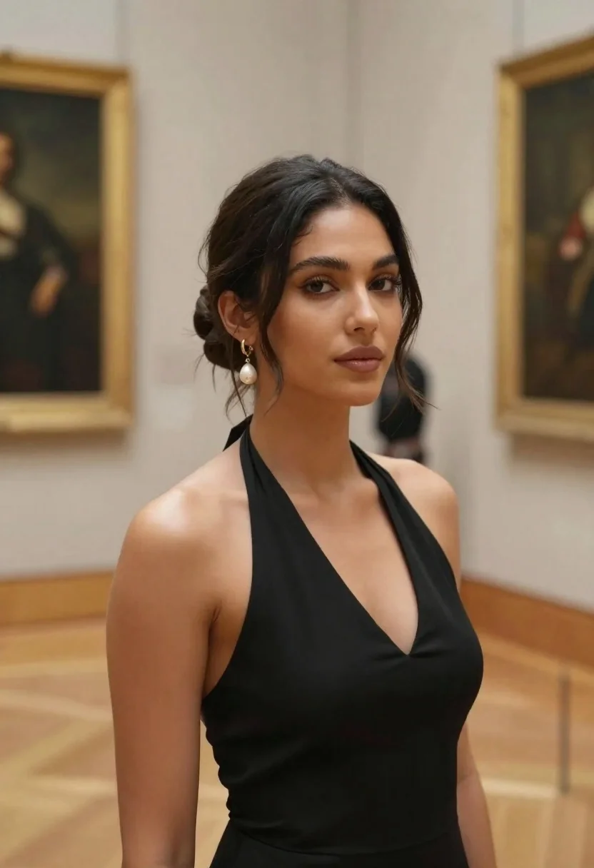 Woman in black halter top standing in an art gallery with blurred - AI generated image prompt sample