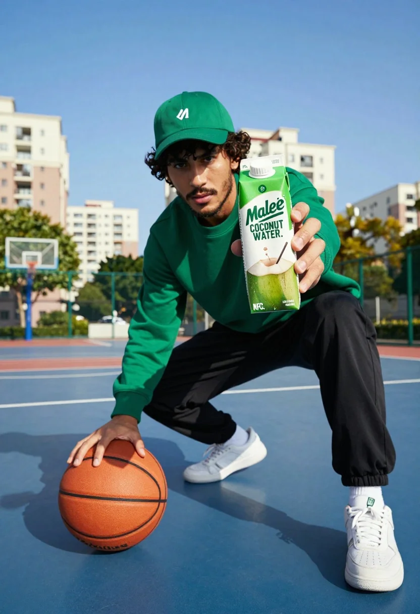 Young man in athletic wear on blue basketball court with coconut water - AI generated image prompt sample