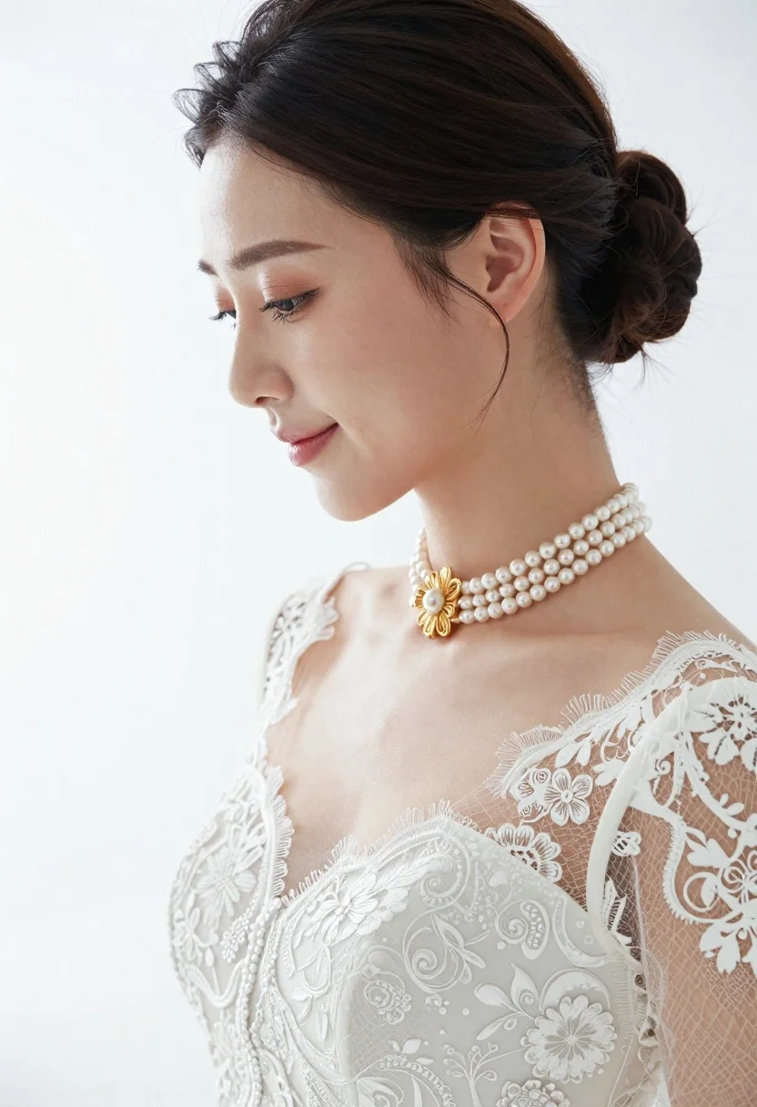 Profile portrait of woman in white lace wedding dress and pearls