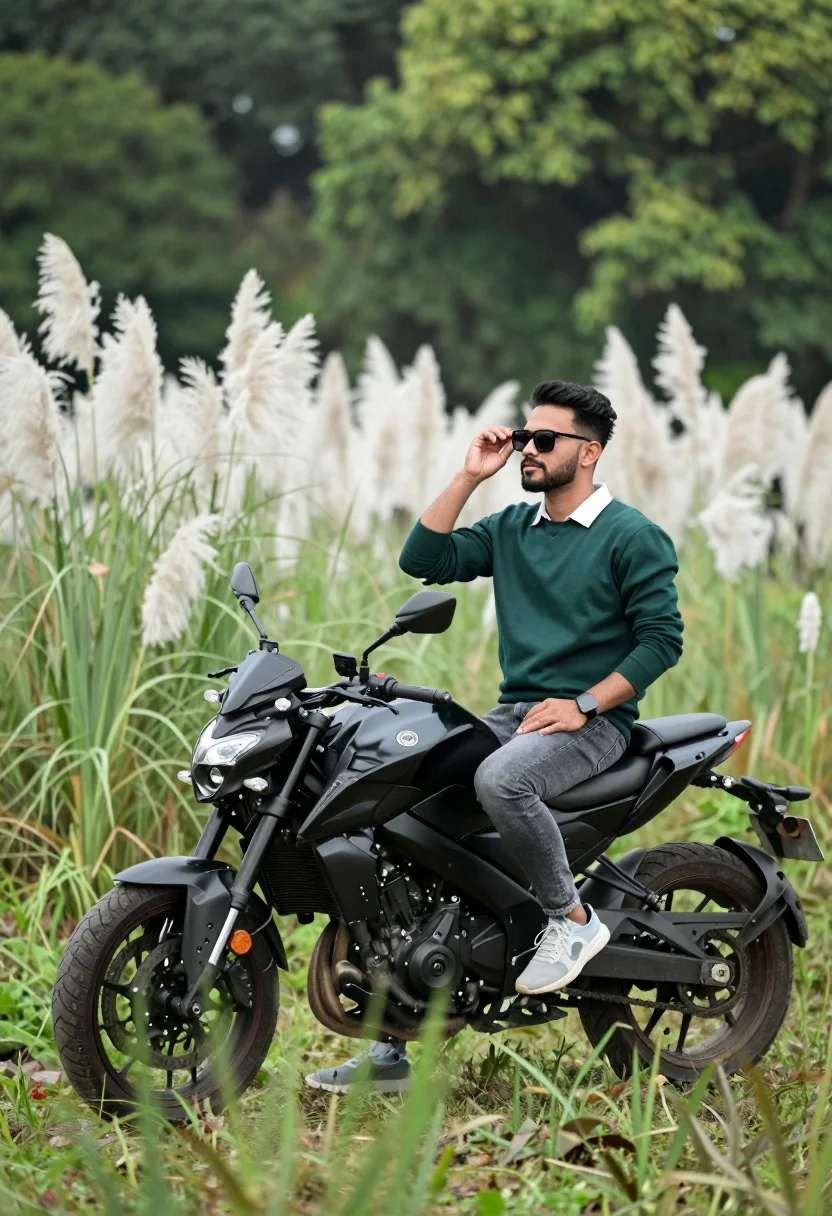 Man sitting on black motorcycle in tall grass with blurred forest background - AI generated image prompt sample
