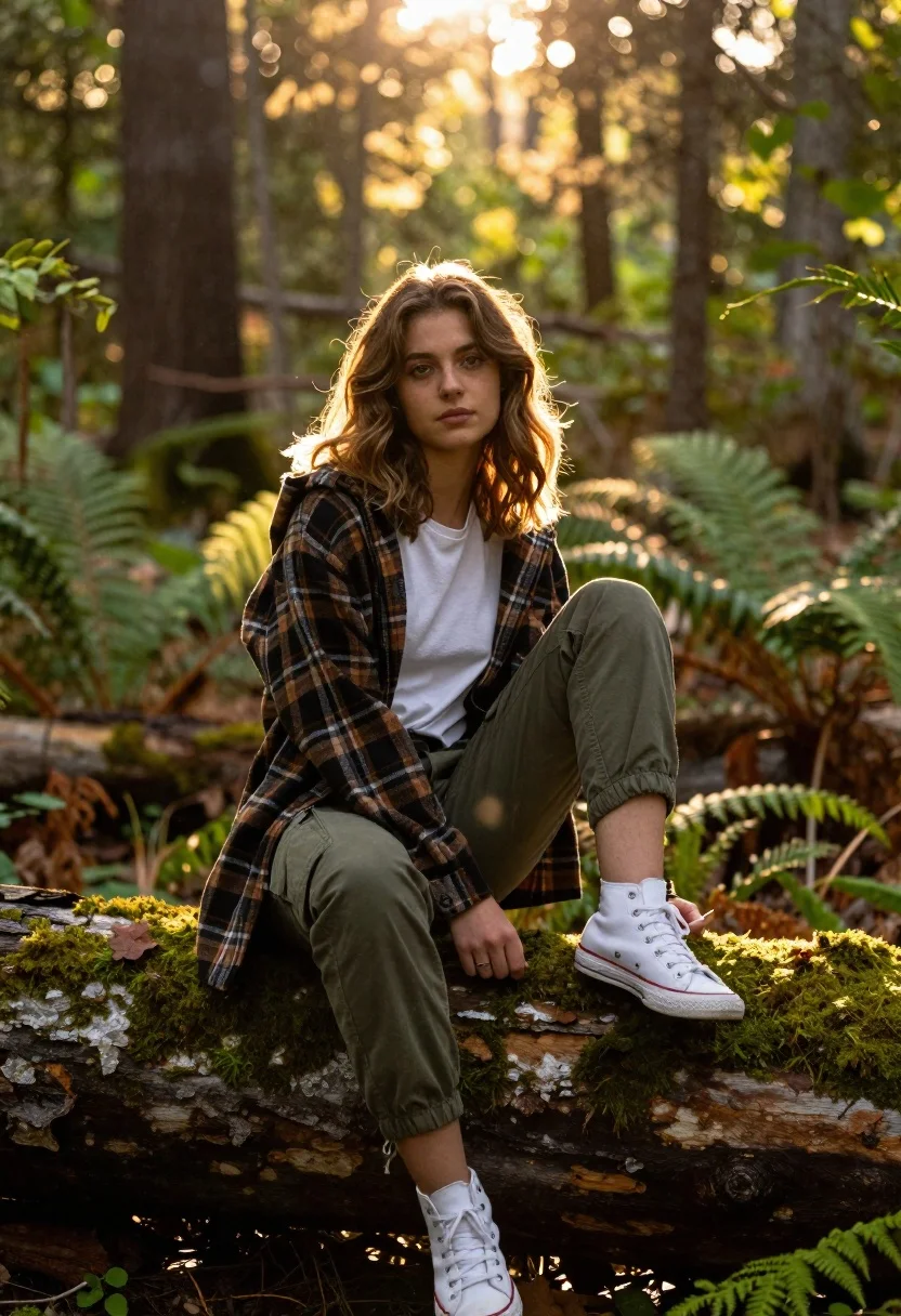 Young woman with brown hair sitting on a log in sunlit forest - AI generated image prompt sample