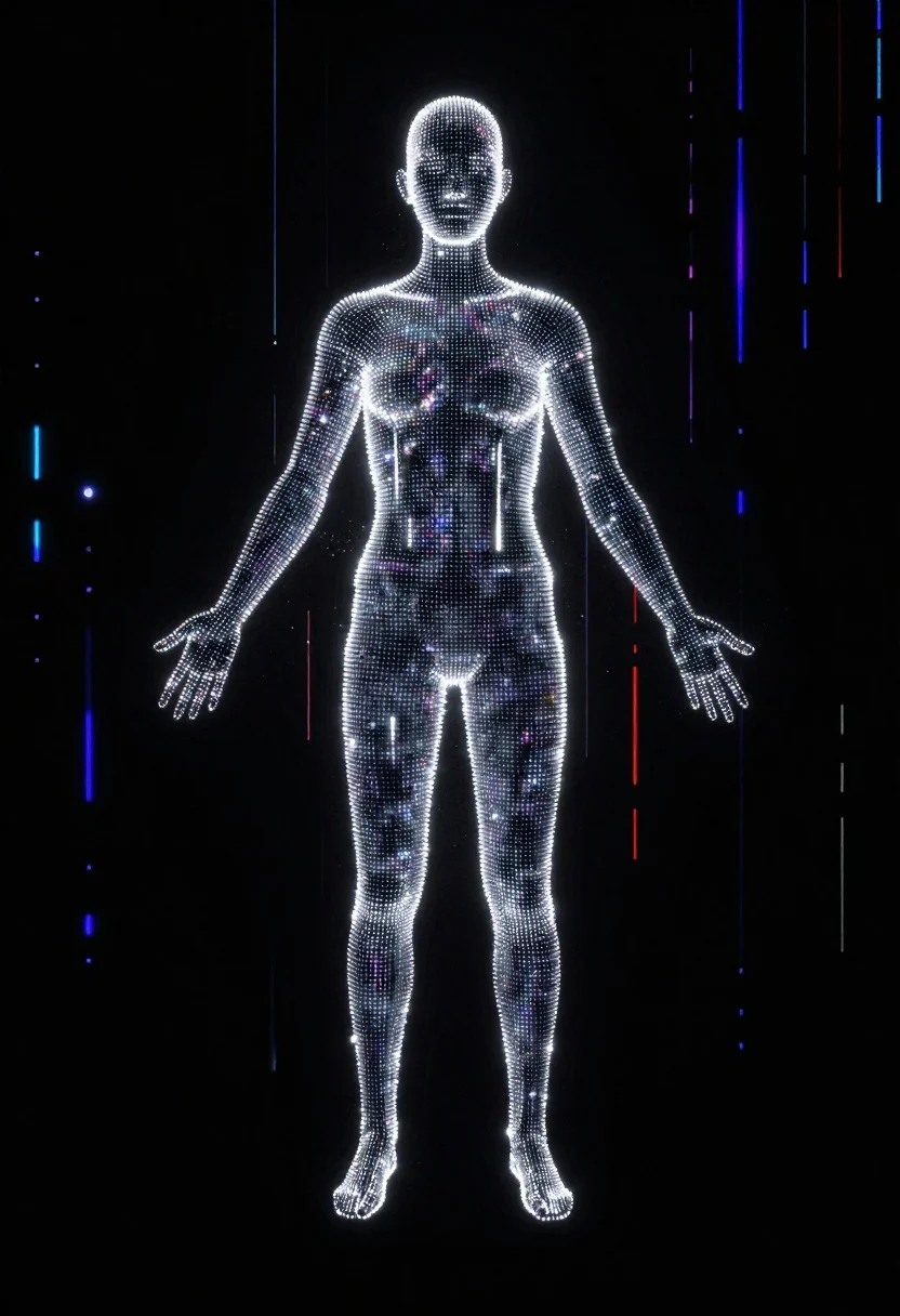 Glowing pixel figure in a digital void matrix